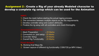 Assignment 2 : Create a Rig of your already Modeled character to
develop a complete rig setup which can be used for the An...