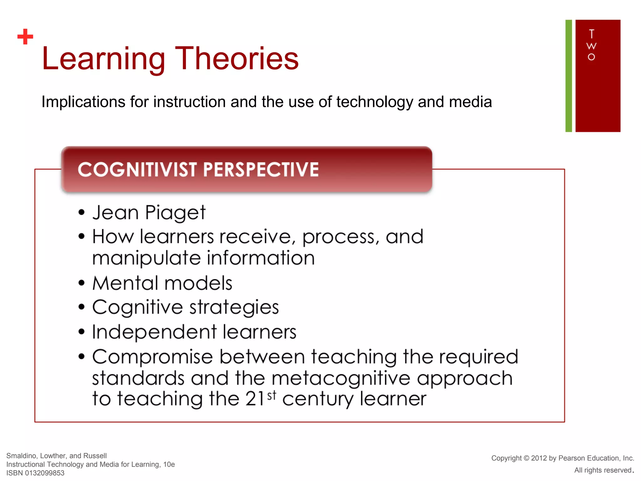 +
          Learning Theories
          Implications for instruction and the use of technology and media




Smaldino, Lowther, and Russell                                           Copyright © 2012 by Pearson Education, Inc.
Instructional Technology and Media for Learning, 10e
ISBN 0132099853                                                                                  All rights reserved.
 