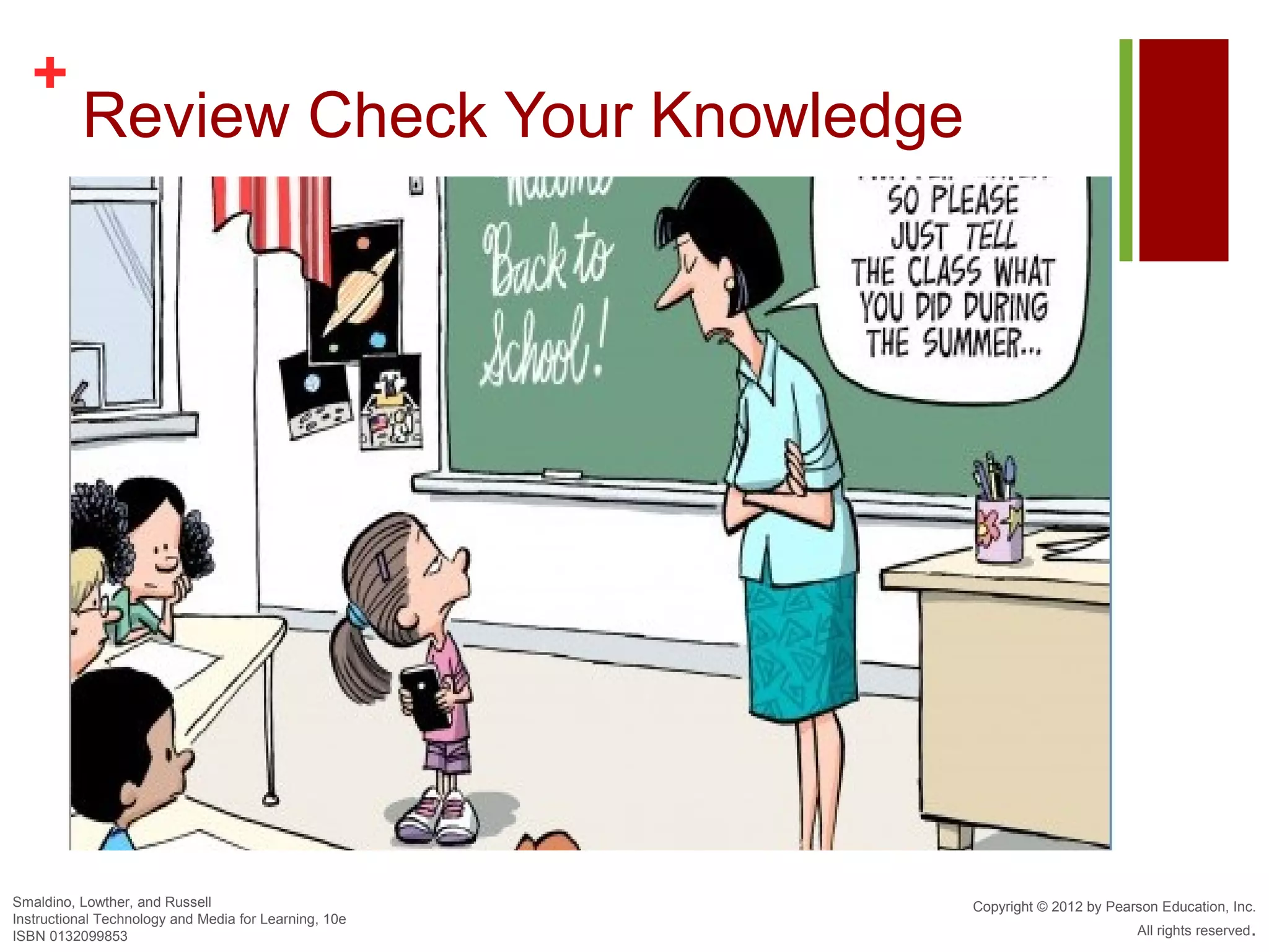 +
          Review Check Your Knowledge




Smaldino, Lowther, and Russell                         Copyright © 2012 by Pearson Education, Inc.
Instructional Technology and Media for Learning, 10e
ISBN 0132099853                                                                All rights reserved.
 