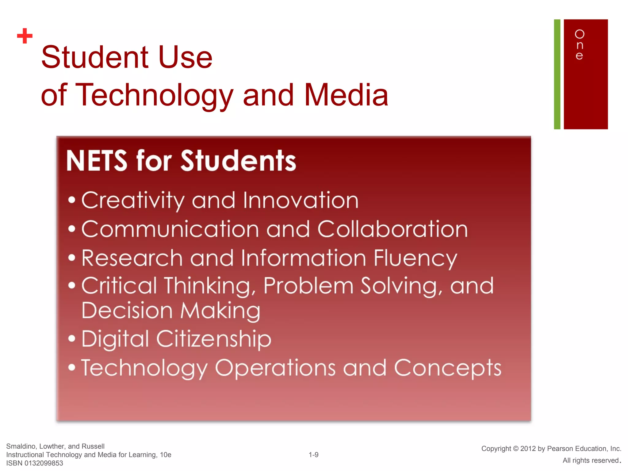 +
          Student Use
          of Technology and Media




Smaldino, Lowther, and Russell                               Copyright © 2012 by Pearson Education, Inc.
Instructional Technology and Media for Learning, 10e   1-9
ISBN 0132099853                                                                      All rights reserved.
 