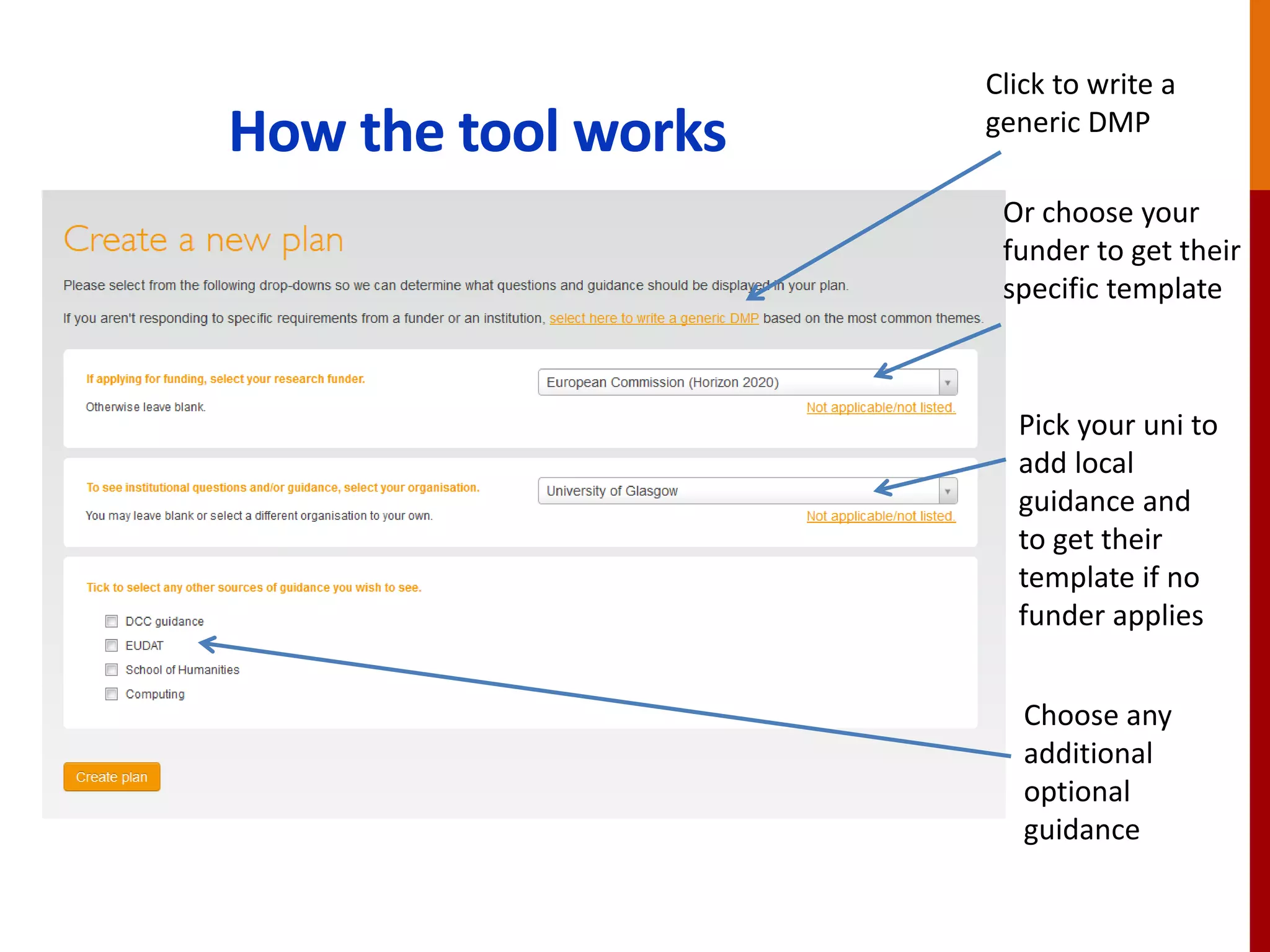How the tool works
Click to write a
generic DMP
Or choose your
funder to get their
specific template
Pick your uni to
add local
guidance and
to get their
template if no
funder applies
Choose any
additional
optional
guidance
 