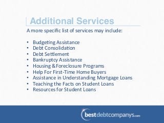 Additional Services!
A	
  more	
  speciﬁc	
  list	
  of	
  services	
  may	
  include:	
  
	
  
•  Budge?ng	
  Assistance	
  
•  Debt	
  Consolida?on	
  
•  Debt	
  Se@lement	
  
•  Bankruptcy	
  Assistance	
  
•  Housing	
  &Foreclosure	
  Programs	
  
•  Help	
  For	
  First-­‐Time	
  Home	
  Buyers	
  
•  Assistance	
  in	
  Understanding	
  Mortgage	
  Loans	
  
•  Teaching	
  the	
  Facts	
  on	
  Student	
  Loans	
  
•  Resources	
  for	
  Student	
  Loans	
  
	
  
	
  
	
  
 