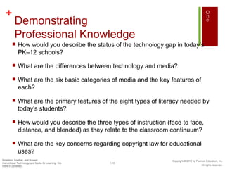 +
          Demonstrating
          Professional Knowledge
            How would you describe the status of the technology gap in today’s
             PK–12 schools?

            What are the differences between technology and media?

            What are the six basic categories of media and the key features of
             each?

            What are the primary features of the eight types of literacy needed by
             today’s students?

            How would you describe the three types of instruction (face to face,
             distance, and blended) as they relate to the classroom continuum?

            What are the key concerns regarding copyright law for educational
             uses?
Smaldino, Lowther, and Russell                                       Copyright © 2012 by Pearson Education, Inc.
Instructional Technology and Media for Learning, 10e   1-15
ISBN 0132099853                                                                              All rights reserved.
 