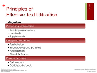 +
          Principles of
          Effective Text Utilization
           Integration




Smaldino, Lowther, and Russell                         Copyright © 2012 by Pearson Education, Inc.
Instructional Technology and Media for Learning, 10e
ISBN 0132099853                                                                All rights reserved.
 