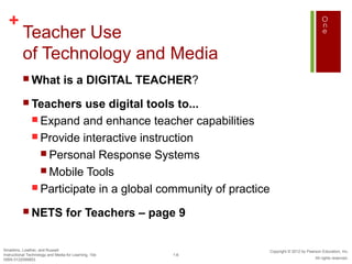 +
          Teacher Use
          of Technology and Media
           What                 is a DIGITAL TEACHER?
           Teachers      use digital tools to...
                Expand and enhance teacher capabilities
                Provide interactive instruction
                  Personal Response Systems
                  Mobile Tools
                Participate in a global community of practice

           NETS                   for Teachers – page 9

Smaldino, Lowther, and Russell                                   Copyright © 2012 by Pearson Education, Inc.
Instructional Technology and Media for Learning, 10e   1-6
ISBN 0132099853                                                                          All rights reserved.
 