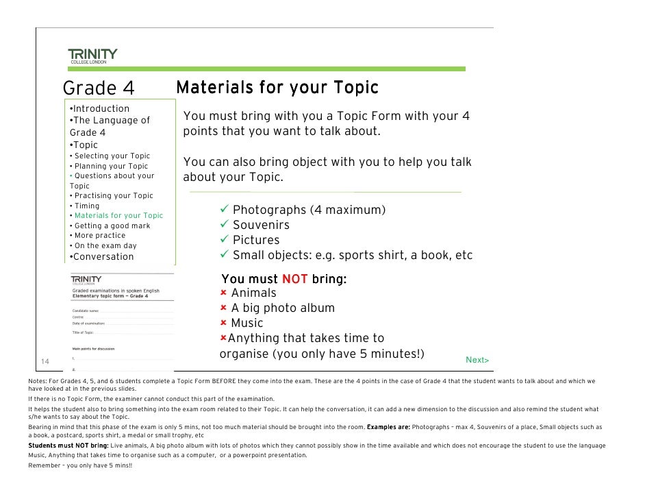 Trinity Grade 4 Topic Examples