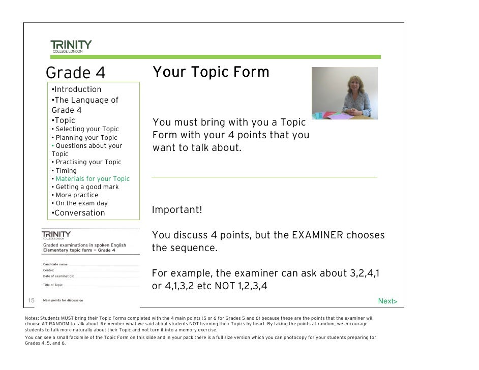Trinity Grade 4 Topic Examples