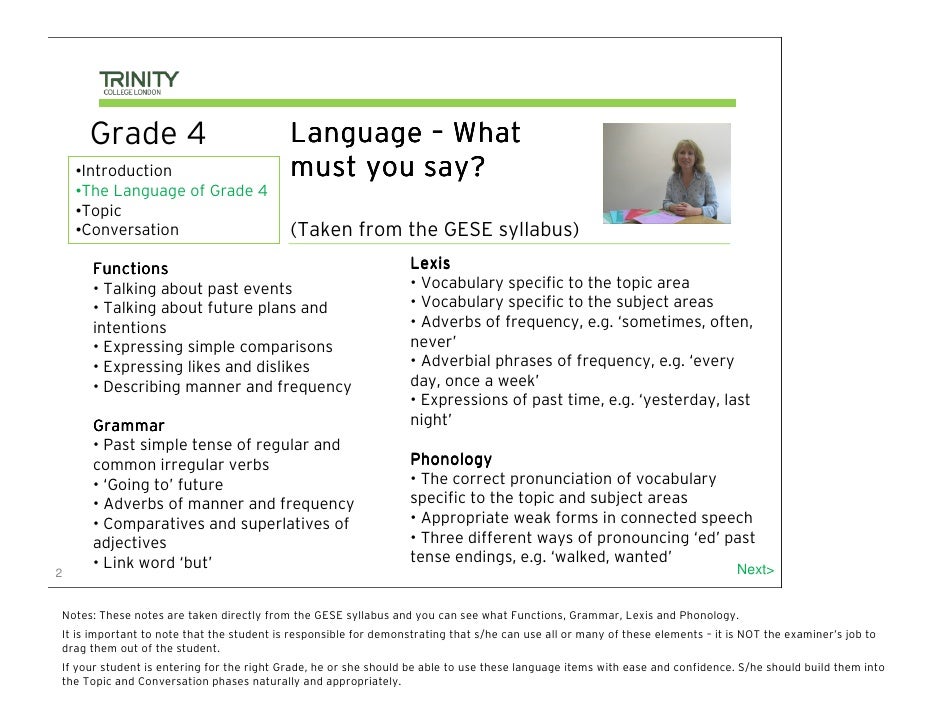 Trinity Grade 4 Topic Examples