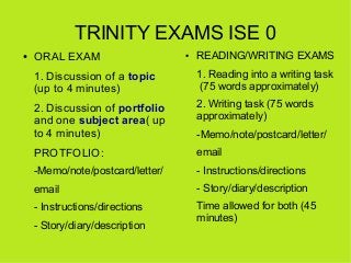 TRINITY EXAMS ISE 0
●   ORAL EXAM                     ●   READING/WRITING EXAMS
    1. Discussion of a topic          1. Reading into a writing task
    (up to 4 minutes)                  (75 words approximately)

    2. Discussion of portfolio        2. Writing task (75 words
    and one subject area( up          approximately)
    to 4 minutes)                     -Memo/note/postcard/letter/
    PROTFOLIO:                        email
    -Memo/note/postcard/letter/       - Instructions/directions
    email                             - Story/diary/description
    - Instructions/directions         Time allowed for both (45
                                      minutes)
    - Story/diary/description
 