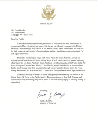 Trinity Kings World Leadership(Patillo Family Kingdom): Receives Congressional Honor from Congressman Rothfus for 3-Generations of Serving God, Country, & Community 