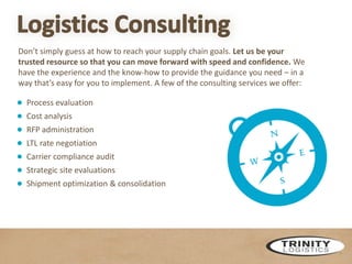 Don’t simply guess at how to reach your supply chain goals. Let us be your
trusted resource so that you can move forward with speed and confidence. We
have the experience and the know-how to provide the guidance you need – in a
way that’s easy for you to implement. A few of the consulting services we offer:

●
●
●
●
●
●
●

Process evaluation
Cost analysis
RFP administration
LTL rate negotiation
Carrier compliance audit
Strategic site evaluations
Shipment optimization & consolidation

 