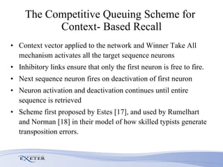 The  Competitive Queuing  Scheme for  Context- Based Recall Context vector applied to the network and Winner Take All mechanism activates all the target sequence neurons  Inhibitory links ensure that only the first neuron is free to fire. Next sequence neuron fires on deactivation of first neuron  Neuron activation and deactivation continues until entire sequence is retrieved  Scheme first proposed by Estes [17], and used by Rumelhart and Norman [18] in their model of how skilled typists generate  transposition errors. 