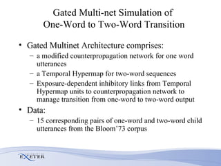 Gated Multi-net Simulation of  One-Word to Two-Word Transition Gated Multinet Architecture comprises:  a modified counterpropagation network for one word utterances  a Temporal Hypermap for two-word sequences Exposure-dependent inhibitory links from Temporal Hypermap units to counterpropagation network to manage transition from one-word to two-word output Data:  15 corresponding pairs of one-word and two-word child utterances from the Bloom’73 corpus 