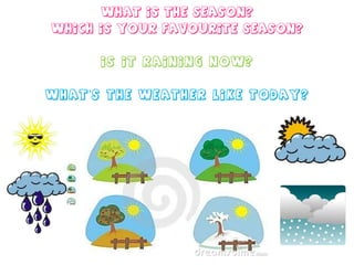 What is the season? Which is your favourite season? Is it raining now? What’s the weather like today?   And yesterday? 