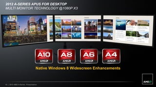 2012 A-SERIES APUS FOR DESKTOP
MULTI MONITOR TECHNOLOGY @1080P X3




                                 Native Windows 8 Widescreen Enhancements



15 | 2012 AMD A-Series Presentation
 