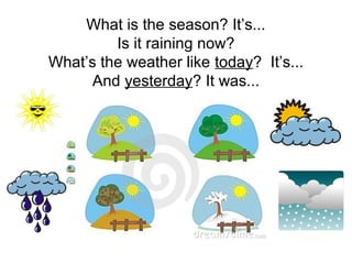 What is the season? It’s...
Is it raining now?
What’s the weather like today? It’s...
And yesterday? It was...
 
