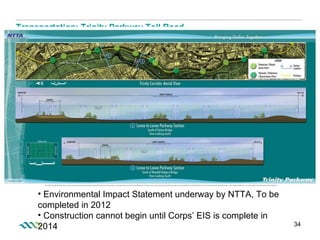 Transportation: Trinity Parkway Toll Road Trinity Parkway  complete by 2014 Environmental Impact Statement underway by NTTA, To be completed in 2012 Construction cannot begin until Corps’ EIS is complete in 2014 