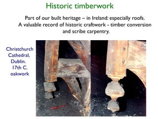 Historic timberwork
        Part of our built heritage – in Ireland: especially roofs.
     A valuable record of historic craftwork - timber conversion
                          and scribe carpentry.


Christchurch
 Cathedral,
  Dublin.
   17th C.
  oakwork
 