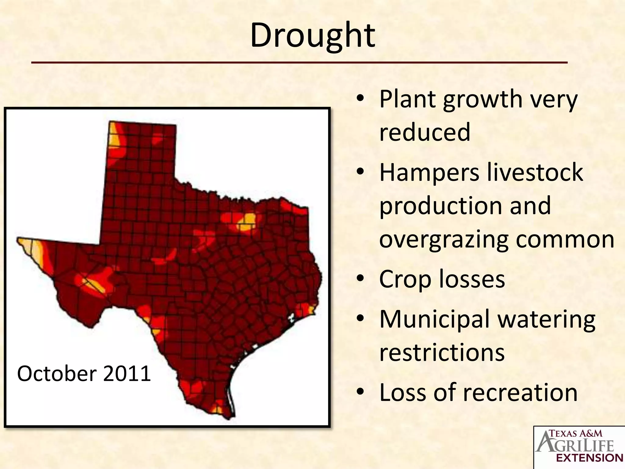 Drought
                    • Plant growth very
                      reduced
                    • Hampers livestock
                      production and
                      overgrazing common
                    • Crop losses
                    • Municipal watering
                      restrictions
October 2011
                    • Loss of recreation
 