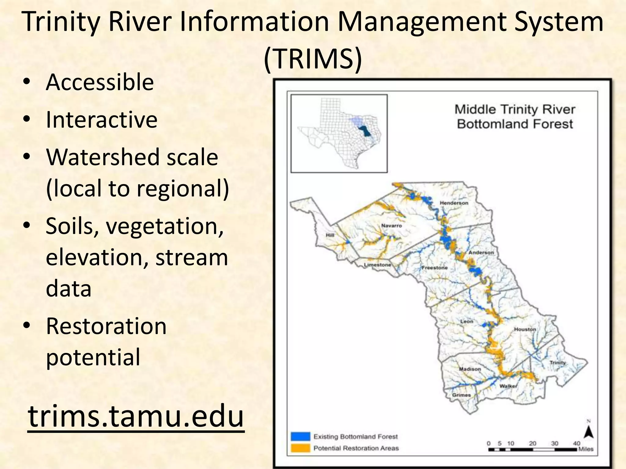 Trinity River Information Management System
                    (TRIMS)
• Accessible
• Interactive
• Watershed scale
  (local to regional)
• Soils, vegetation,
  elevation, stream
  data
• Restoration
  potential

trims.tamu.edu
 
