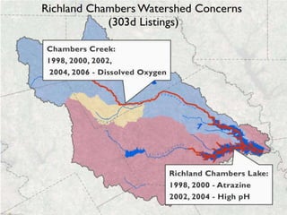 Water Quality
• 2010 Water Quality
  Inventory and CWA 303(d) List
  – 37 segments “impaired”
  – 67 segments of concern
  – 4 segments delisted
    from 303(d)
  – 7 segments added
  – 27 of 37 impaired segments
    due to bacteria
 