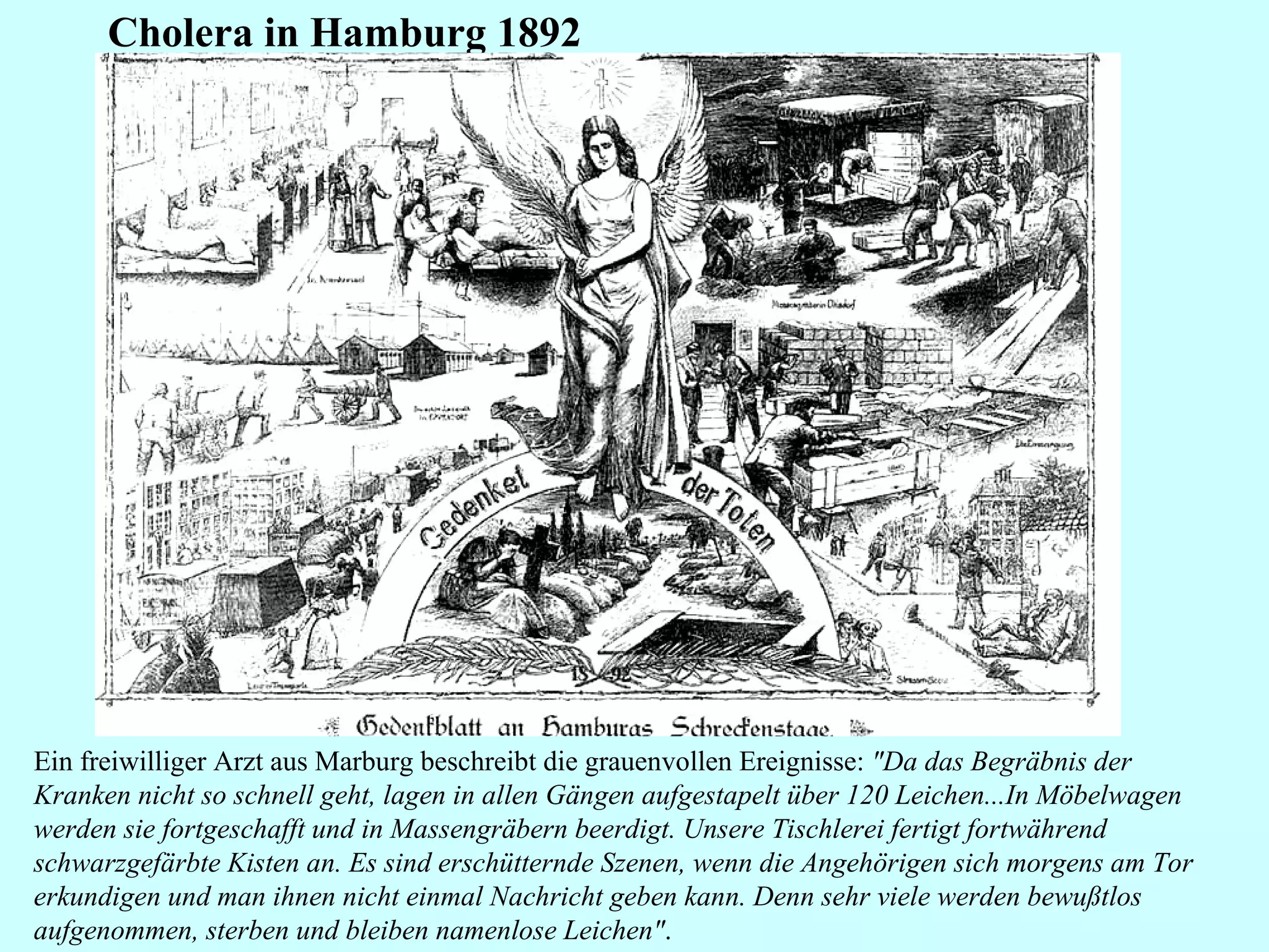 Cholera in Hamburg 1892 Ein freiwilliger Arzt aus Marburg beschreibt die grauenvollen Ereignisse:  "Da das Begräbnis der Kranken nicht so schnell geht, lagen in allen Gängen aufgestapelt über 120 Leichen...In Möbelwagen werden sie fortgeschafft und in Massengräbern beerdigt. Unsere Tischlerei fertigt fortwährend schwarzgefärbte Kisten an. Es sind erschütternde Szenen, wenn die Angehörigen sich morgens am Tor erkundigen und man ihnen nicht einmal Nachricht geben kann. Denn sehr viele werden bewußtlos aufgenommen, sterben und bleiben namenlose Leichen" . 
