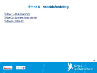 8 
8 
Emne 8 - Arbeidsfordeling 
Video 1 – lik bedømning 
Video 2– dømmer hver sin vei 
Video 3– holde flyt 
33 
 
