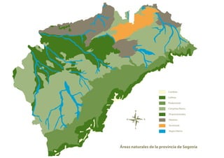 Cumbres
Laderas
Piedemonte
Campiñas/llanos
Pinares/arenales
Páramos
Serrezuela
Vegas/riberas
N
S
O E
Áreas naturales de la provincia de Segovia
 