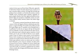 183
Itinerario ornitológico por el llano y los valles del Eresma y el Zorita
camino de tierra que nos llevará hasta Villacastín, siguiendo
el valle del río Zorita. El camino discurre por un pinar en el
que se mezclan robles y encinas. A lo largo del recorrido, que
podemos hacer andando o en bicicleta de montaña, veremos
abubilla, urraca, mochuelo, grajos, alondras, cogujadas, tri-
gueros, águila calzada en fase clara, águila real, paloma torcaz,
pinzón vulgar, pico picapinos, oropéndola, zorzal, cuco, peti-
rrojo, escribano soteño, ratonero, milano real, milano negro
y cernícalo.
La carretera continúa hasta Bercial, donde nos des-
viamos a Cobos de Segovia, Etreros y Jemenuño para diri-
girnos a Laguna Rodrigo. El nombre del pueblo procede
de la gran laguna que se asentaba en las inmediaciones a
la población. Se trata de una laguna del tipo del humedal
de Coca-Olmedo, con alta concentración de sales. El acuí-
fero subterráneo que la alimenta apenas mantiene el nivel
freático por lo que con la falta de lluvias se seca rápida-
mente. Como su cubeta es muy somera, con las primeras
lluvias vuelve recupera una fina lámina de agua en la que
muchas aves acuáticas buscan alimento durante el invierno.
Desde aquí podemos tomar un camino que nos conduce
hasta Hoyuelos y, tras cruzar la carretera, nos lleva junto
al arroyo de Los Cercos a Melque de Cercos. Desde aquí
debemos continuar un tramo por la carretera hasta enlazar
con la de CL-601. La cruzamos y seguimos por un camino
a Nieva y desde allí a Ortigosa del Pestaño para enlazar con
Domingo García. Mochuelo
 