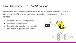 Hive: The perfect SQL HiveQL solution
Developers at Facebook created Hive, a SQL-on-Hadoop solution that takes a SQL
like syntax, HiveQL, and transforms it into MapReduce operations on data in
Hadoop.
● Simpliﬁed development process
● Queries still taking long
● Established a base for how to model
SQL tables of generic data stores
 