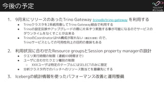 #trinodb
今後の予定
1. 9月末にリリースのあったTrino Gateway trinodb/trino-gateway を利用する
● Trinoクラスタを2系統用意してTrino Gateway経由で利用する
● Trinoの設定反映やアップグレードの際に片系ずつ実施する事が可能になるのでサービスの
ダウンタイムをなくすことが出来る
● TrinoのCoordinatorはHA構成が取れない（補足を参照）ので、
Trinoサービスとしての可用性向上の目的の意味もある
2. 利用状況に合わせたResource groupsとSession property managerの設計
● クエリ実行時間の制限（連続XX時間まで）
● ユーザに合わせたクエリ種別の制限
○ XXXユーザは特定のテーブルにはSELECTのみに限定
● 分析クラスタ内でのバッチへのリソース割当てを最優先にする
3. Icebergの統計情報を使ったパフォーマンス改善と運用整備
 