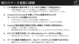 #trinodb
現行のデータ基盤の課題
1. CDH無償版の提供が終了しているので継続して利用出来ない
○ 有償の後継版Cloudera CDPも検討したが費用面がクリア出来ず見送り
（Google Cloudなども検討したが、費用や技術課題がクリア出来ず見送り。5年償却で見るとクラウドは高い。）
2. ComputeとStorageを分離してNode配置出来ないので
サーバスペックが過剰になりがち
○ YARNのNode ManegerとHDFSは分離して配置出来ない
○ ComputeスケールさせたいだけなのにStorageもスケールするので非効率
3. Impalaの統計情報の運用が非常に煩雑かつ有効に利用出来ない
○ 大規模テーブルの場合、ほぼ使えない
○ 統計情報が利用できないので効率の悪いクエリになりがちでImpalaを活かしきれない
4. ETL/ELT処理で利用しているMapReduceベースのHiveが遅い
○ 本来はMapReduceではなく、Tez・LLAPを使うべきだがCDHが古くて利用できない
5. テーブル構造が複雑なので、SQLベースでETL/ELT処理するのが辛い
○ 複雑なクエリになりがちで、改修に難易度が高く手間がかかる
 