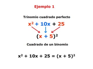 x2 + 10x + 25 = (x + 5)2
Ejemplo 1