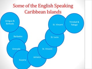 Some of the English Speaking
Caribbean Islands
Barbados
Antigua &
Barbuda
Grenada
Guyana
Jamaica
St. Vincent
St. Lucia
St. Vincent
Trinidad &
Tobago