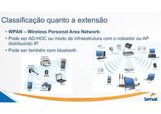 Classificação quanto a extensão
• WPAN – Wireless Personal Area Network:
• Pode ser AD-HOC ou modo de infraestrutura com o roteador ou AP
distribuindo IP.
• Pode ser também com bluetooth
Prof. Marcos C. da Fonseca
 
