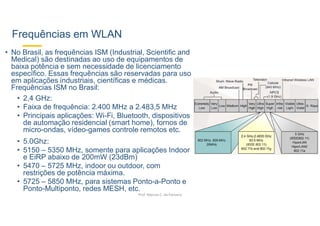 Frequências em WLAN
• No Brasil, as frequências ISM (Industrial, Scientific and
Medical) são destinadas ao uso de equipamentos de
baixa potência e sem necessidade de licenciamento
específico. Essas frequências são reservadas para uso
em aplicações industriais, científicas e médicas.
Frequências ISM no Brasil:
• 2,4 GHz:
• Faixa de frequência: 2.400 MHz a 2.483,5 MHz
• Principais aplicações: Wi-Fi, Bluetooth, dispositivos
de automação residencial (smart home), fornos de
micro-ondas, vídeo-games controle remotos etc.
• 5.0Ghz:
• 5150 – 5350 MHz, somente para aplicações Indoor
e EiRP abaixo de 200mW (23dBm)
• 5470 – 5725 MHz, indoor ou outdoor, com
restrições de potência máxima.
• 5725 – 5850 MHz, para sistemas Ponto-a-Ponto e
Ponto-Multiponto, redes MESH, etc.
Prof. Marcos C. da Fonseca
 