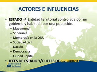 ACTORES E INFLUENCIAS
• ESTADO  Entidad territorial controlada por un
gobierno y habitada por una población.
–
–
–
–
–
–
–

Mapamundi
Soberanía
Membresía en la ONU
Sociedad civil
Nación
Democracia
Ciudad Capital

• JEFES DE ESTADO Y/O JEFES DE GOBIERNO

 
