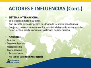 ACTORES E INFLUENCIAS (Cont.)
•
•
•
•

SISTEMA INTERNACIONAL
Se estableció hace 500 años.
Con la caída de los imperios, las Ciudades-estado y los feudos.
Conjunto de relaciones entre los estados del mundo estructurado
de acuerdo a ciertas normas y patrones de interacción.

• Amenazas
- Guerra
- Descolonización
- Nacionalismo
- Globalización
- Separatismo
- No todos son naciones-estado

 
