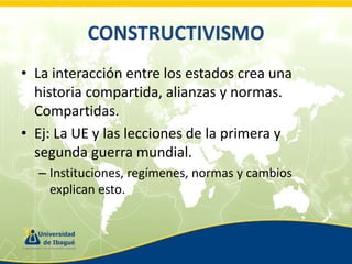 CONSTRUCTIVISMO
• La interacción entre los estados crea una
historia compartida, alianzas y normas.
Compartidas.
• Ej: La UE y las lecciones de la primera y
segunda guerra mundial.
– Instituciones, regímenes, normas y cambios
explican esto.

 