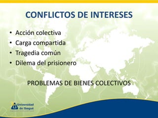 CONFLICTOS DE INTERESES
•
•
•
•

Acción colectiva
Carga compartida
Tragedia común
Dilema del prisionero
PROBLEMAS DE BIENES COLECTIVOS

 