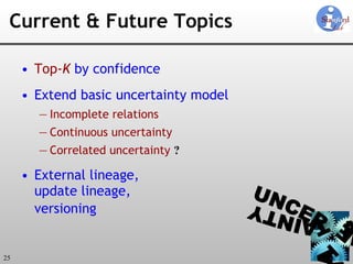 Current & Future Topics Top- K  by confidence  Extend basic uncertainty model Incomplete relations Continuous uncertainty Correlated uncertainty  ? External lineage, update lineage, versioning 