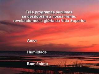 Três programas sublimes  se desdobram à nossa frente,  revelando-nos a glória da Vida Superior Amor Humildade Bom ânimo 