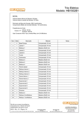 A L T O - F A L A N T E S 
NOTAS: 
Volume Interno Bruto da Câmara: 63 litros. 
Volume Interno Líquido da Câmara: 57 litros. 
Perímetro da Boca da Corneta: 290,0 centímetros. 
Comprimento Médio da Corneta Dobrada: 144 centímetros. 
Freqüências de Corte: 
Inferior: 40 Hz. 
Superior: 200 Hz. 
Falante 15": 
Usar Crossover Ativo Tipo Linkwitz-Riley com 24 dB/oitava. 
Ítem Qtde Descrição Material Notas 
1 2 Base/Tampa Compensado 18 mm 
2 1 Lateral 1 Compensado 18 mm 
3 3 Moldura 1 Madeira 40x40 mm 
4 1 Lateral 3 Compensado 18 mm 
5 1 Lateral 2 Compensado 18 mm 
6 1 Fundo Compensado 18 mm 
7 2 Cantoneira Compensado 18 mm 
8 2 Moldura 3 Madeira 20x20 mm 
9 2 Moldura 4 Madeira 20x20 mm 
10 3 Moldura 5 Madeira 20x20 mm 
11 1 Painel Lateral Compensado 18 mm 
12 4 Reforço Interno 1 Compensado 18 mm 
13 4 Reforço Interno 2 Compensado 18 mm 
14 4 Reforço Interno 3 Compensado 18 mm 
15 1 Painel Interno 1 Compensado 18 mm 
16 1 Painel Interno 2 Compensado 18 mm 
17 1 Exponencial 1 Compensado 18 mm 
18 1 Exponencial 2 Compensado 18 mm 
19 1 Exponencial 3 Compensado 18 mm 
20 1 Exponencial 4 Compensado 18 mm 
21 1 Divisória Compensado 18 mm 
22 2 Moldura 2 Madeira 20x20 mm 
23 1 Reforço 2 da Moldura Madeira 20x20 mm 
24 1 Reforço 1 da Moldura Madeira 20x20 mm 
Devido aos avanços tecnológicos, 
reservamos-nos o direito de inserir 
modificações sem prévio aviso. 
Trio Elétrico 
Modelo: HB1502B1 
ELETRÔNICA SELENIUM S.A. 
BR 386 Km 435 - CEP: 92.480-000 
Nova Santa Rita - RS - Brasil 
Tel.: (51) 479-4000 
Fax: (51) 479-1150 
www.selenium.com.br 
SELENIUM USA 
USA 
www.seleniumloudspeakers.com 
SELENIUM EUROPE 
Germany 
www.seleniumloudspeakers.com 
A L T O - F A L A N T E S 
08/03 - Rev.: 01 - Página: 3/6 
F:CAIXAS ACÚSTICASTRIO ELÉTRICOHB1502B1HB1502B1 
 