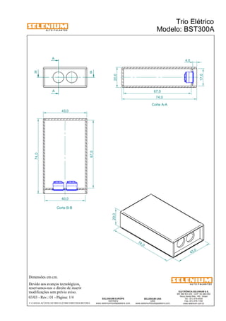 A L T O - F A L A N T E S 
A 
B B 
A 
Corte B-B 
Devido aos avanços tecnológicos, 
reservamos-nos o direito de inserir 
modificações sem prévio aviso. 
Trio Elétrico 
Modelo: BST300A 
4,0 
ELETRÔNICA SELENIUM S.A. 
BR 386 Km 435 - CEP: 92.480-000 
Nova Santa Rita - RS - Brasil 
Tel.: (51) 479-4000 
Fax: (51) 479-1150 
www.selenium.com.br 
SELENIUM USA 
USA 
www.seleniumloudspeakers.com 
SELENIUM EUROPE 
Germany 
www.seleniumloudspeakers.com 
A L T O - F A L A N T E S 
03/03 - Rev.: 01 - Página: 1/4 
F:CAIXAS ACÚSTICASTRIO ELÉTRICOBST300ABST300A 
Corte A-A 
74 ,0 
Dimensões em cm. 
20,0 
17,0 
74,0 
43,0 
67,0 
40,0 
20,0 
43,0 
67,0 
74,0 
 