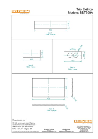 A L T O - F A L A N T E S 
Dimensões em cm. 
40,0 
Devido aos avanços tecnológicos, 
reservamos-nos o direito de inserir 
modificações sem prévio aviso. 
Trio Elétrico 
Modelo: BST300A 
ELETRÔNICA SELENIUM S.A. 
BR 386 Km 435 - CEP: 92.480-000 
Nova Santa Rita - RS - Brasil 
Tel.: (51) 479-4000 
Fax: (51) 479-1150 
www.selenium.com.br 
SELENIUM USA 
USA 
www.seleniumloudspeakers.com 
Qtde: 2 peças 
SELENIUM EUROPE 
Germany 
www.seleniumloudspeakers.com 
A L T O - F A L A N T E S 
03/03 - Rev.: 01 - Página: 4/4 
F:CAIXAS ACÚSTICASTRIO ELÉTRICOBST300ABST300A 
17,0 
Ítem 2 
74,0 
17,0 
Ítem 1 
13,2 
17,0 
40,0 
10 ,8 2xØ 
Ítem 4 
74,0 
43,0 
R 1, 0 
R 1, 0 
Ítem 3 
Qtde: 2 peças 
Qtde: 1 peça 
Qtde: 1 peça 
 