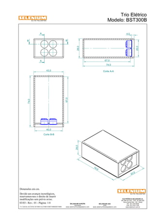 A L T O - F A L A N T E S 
B B 
Dimensões em cm. 
Devido aos avanços tecnológicos, 
reservamos-nos o direito de inserir 
modificações sem prévio aviso. 
ELETRÔNICA SELENIUM S.A. 
BR 386 Km 435 - CEP: 92.480-000 
Nova Santa Rita - RS - Brasil 
Tel.: (51) 479-4000 
Fax: (51) 479-1150 
www.selenium.com.br 
SELENIUM USA 
USA 
www.seleniumloudspeakers.com 
SELENIUM EUROPE 
Germany 
www.seleniumloudspeakers.com 
A L T O - F A L A N T E S 
A 
A 
Corte A-A 
Corte B-B 
74 ,0 
43 ,0 
28,0 
Trio Elétrico 
Modelo: BST300B 
03/03 - Rev.: 01 - Página: 1/4 
F:CAIXAS ACÚSTICASTRIO ELÉTRICOBST300BBST300B 
28,0 
25,0 
74,0 
43,0 
67,0 
40,0 
4,0 
67,0 
74,0 
 