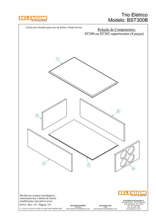 A L T O - F A L A N T E S 
2 
3 
Devido aos avanços tecnológicos, 
reservamos-nos o direito de inserir 
modificações sem prévio aviso. 
Trio Elétrico 
Modelo: BST300B 
Relação de Componentes: 
ST300 ou ST302 supertweeter (4 peças) 
ELETRÔNICA SELENIUM S.A. 
BR 386 Km 435 - CEP: 92.480-000 
Nova Santa Rita - RS - Brasil 
Tel.: (51) 479-4000 
Fax: (51) 479-1150 
www.selenium.com.br 
SELENIUM USA 
USA 
www.seleniumloudspeakers.com 
SELENIUM EUROPE 
Germany 
www.seleniumloudspeakers.com 
A L T O - F A L A N T E S 
03/03 - Rev.: 01 - Página: 2/4 
1 
F:CAIXAS ACÚSTICASTRIO ELÉTRICOBST300BBST300B 
4 
1 
2 
Caixa com tweeters para uso na frente e fundo do trio. 
 