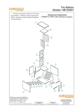 A L T O - F A L A N T E S 
graves (200 Hz - 1.600 Hz) na frente e fundo de trios 
elétricos. Apresenta excelente resposta de freqüência 
e elevada eficiência. 
2 
5 
Devido aos avanços tecnológicos, 
reservamos-nos o direito de inserir 
modificações sem prévio aviso. 
Trio Elétrico 
Modelo: HB1205D1 
Relação de Componentes: 
12MB2P ou WPU1206 mid-bass (2 peças) 
ELETRÔNICA SELENIUM S.A. 
BR 386 Km 435 - CEP: 92.480-000 
Nova Santa Rita - RS - Brasil 
Tel.: (51) 479-4000 
Fax: (51) 479-1150 
www.selenium.com.br 
11 
11 
SELENIUM USA 
USA 
www.seleniumloudspeakers.com 
11 
SELENIUM EUROPE 
Germany 
www.seleniumloudspeakers.com 
A L T O - F A L A N T E S 
03/03 - Rev.: 01 - Página: 2/5 
4 
11 
F:CAIXAS ACÚSTICASTRIO ELÉTRICOHB1205D1HB1205D1 
1 
3 
6 
7 
10 
12 
13 
8 
14 
9 
12 
10 
2 
3 
4 
11 11 11 11 
11 
11 
1 
8 
9 
Caixa tipo corneta para ser usada na via de médio 
 