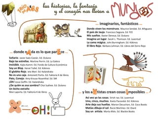 Donde viven los monstruos. Maurice Sendak. Ed. Alfaguara
El país de Jauja. Francisco Segovia. Ed. FCE
Mis sueños. Xavier Deneux. Ed. Océano
Imagina un lugar. Sarah L. Thomson. Ed. Juventud
La cama mágica. John Burningham. Ed. Kókinos
El libro Rojo. Bárbara Lehman. Ed. Libros del Zorro Rojo
… imaginarios, fantásticos …
Soñario. Javier Saéz Castán. Ed. Océano
Bajo las estrellas. Martine Perrin. Ed. La Galera
Invisible. Kajta Kamm. Ed. Fondo de Cultura Económica
Soy un Blop. Hervé Tullet. Ed. Kókinos
El globito Rojo. Iela Mari. Ed. Kalandraka
No es una caja. Antoniett Portis. Ed. Faktoría K de libros
Pato, Conejo. Amy Krouse Rosenthal. Ed. SM
¡Oh! Josse Goffin. Ed. Kalandraka
¿De quién es esa sombra? Choi Sukhee. Ed. Océano
Un bicho extraño
Mon Laporta. Ed. Faktoría K de libros
… donde n da es lo que par ce …
Así veo yo las cosas. Sirish rao. Ed. Juventud
Uno, cinco, muchos. Kveta Pacovská. Ed. Kókinos
Arte deja sus huellas. Marion Decuchars. Ed. Coco Books
Matías dibuja el sol. Rocío Martínez. Ed. Ekaré
Soy un artista. Marta Altés. Ed. Blackie Books
… y los a tistas crean cosas mposibles …
las historias, la fantasía
y el corazón nos llevan a
 