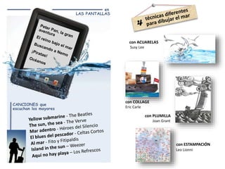 en
LAS PANTALLAS
con ACUARELAS
Susy Lee
con COLLAGE
Eric Carle
con PLUMILLA
Joan Grant
con ESTAMPACIÓN
Leo Lionni
CANCIONES que
escuchan los mayores
 